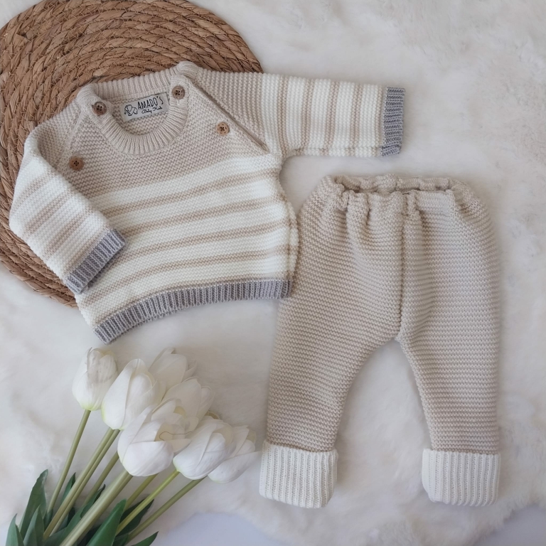 Conjunto Tejido Dralon Recién Nacido - Beige Y Blanco