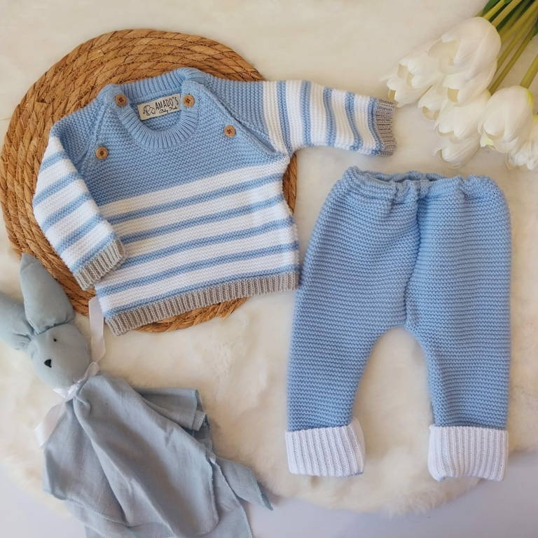 Conjunto Tejido Dralon Recién Nacido - Celeste y Blanco